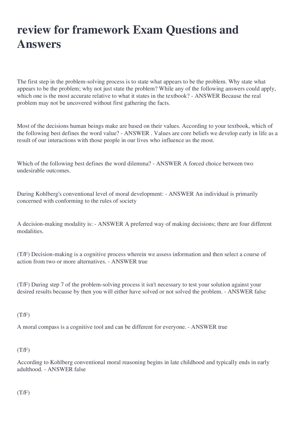 Preview image of review for framework Exam Questions and Answers document